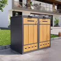 OKWISH Afvalcontainer Ombouw Voor 2 Containers 120 Tot 240 L - Ventilatiegaten, Klapdeksel En Voordeur - Staal - Grijs Hout