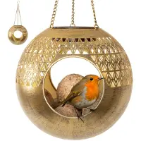 GADGY Solar Tuinverlichting Vogelvoederhuisje – Hangend Lantaarn – Buitenverlichting op Zonneenergie – Goud – 6-8 uur Brandduur - Waterdicht