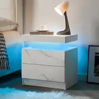 OKWISH Nachtkastje – Met Instelbare Ledverlichting – Met 2 Lades En Open Vak – Voor Slaapkamer Of Woonkamer – Spaanplaat Mat Wit