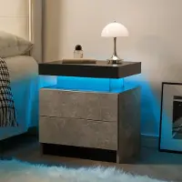 OKWISH Nachtkastje Met Ledverlichting - 2 Lades En Open Vak - Voor Slaapkamer En Woonkamer - Bewerkt Hout Grijs