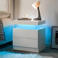 OKWISH Nachtkastje Met Led Verlichting - 2 Laden En Open Vak - Voor Slaapkamer En Woonkamer - Bewerkt Hout Wit