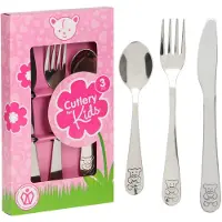 Excellent houseware Kinder Bestekset Beer - 2x - roze doosje - kraamcadeau - 3-delig - zilver - RVS - bestek voor kinderen