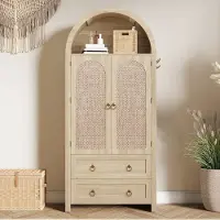 MODFU Opbergkast met rotan deuren en laden – 80x40x180 cm – Multifunctionele kast voor woonkamer of slaapkamer – MDF – Eikenkleur