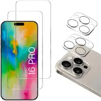 Phonillico Screenprotector geschikt voor iPhone 16 Pro - 2 stuks Beschermglas van glas Transparante glazen schermbeschermfolie + 2 stuks Camera Protector