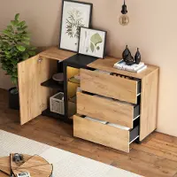 OKWISH Dressoir - Met App Gestuurde Ledverlichting - 140x40x80 Cm - 3 Lades 1 Deur Glasvakken - Spaanplaat Bruin Zwart