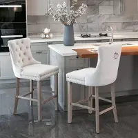 OKWISH Barkruk 2 Stuks - Hoge Rugleuning En Geknoopte Rug - Comfortabele Zitting Met Siernagels - Voor Keukenbar En Eethoek - Fluweel - Beige