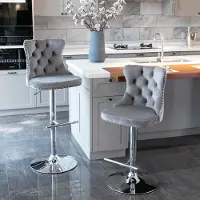 OKWISH Barkrukken Set Van 2 Verstelbaar 64 Tot 84 Cm Zithoogte Met Rugleuning Draaibaar Fluweel Grijs