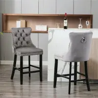 STILVORA Barkruk 2-Delig - Hoge Rugleuning Met Knopen En Siernagels - Comfortabele Zit Met Vering - Voor Keuken En Eethoek - Fluweel Grijs