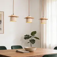 LumenXL 3-lichts japandi hanglamp Travia van travertin (natuursteen) en licht hout