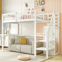 OKWISH Hoogslaper 90x200cm – Met Trap En Opbergrek – Met Kledingkast Onder De Trap – Ruimtebesparend Kinderbed – Hout – Zonder matras – Wit