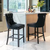 OKWISH Barkruk 2 Stuks - Hoge Rugleuning Met Knopen En Siernagels - Comfortabele Zitting - Massief Houten Poten - Fluweel - Zwart