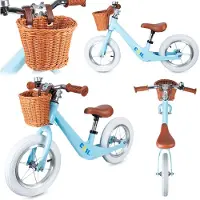 Coil Loopfiets met Rieten Mand – Kinder Loopfiets met Verstelbaar Zadel & Lekvrije Banden – 12 inch wielen - Stijlvol, licht en veilig - Vanaf 2 Jaar - Lichtblauw