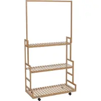 MCW Bamboe kapstok -Q33, kapstok, kledingrek, schoenenrek, met 1 stang en 3 planken, op wieltjes, 175x93x38 cm ~ naturel