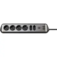 Brennenstuhl Estilo hoek-stekkerdoos met 6 contacten (4+2) en 2x USB / zwart/RVS - 2 meter