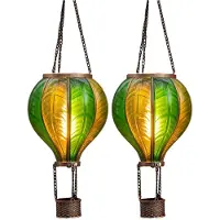 Anna's Collection Solar luchtballon lantaarn - 2x - groen - hangend - 20 led lampjes - vlam effect - 14 x 45 cm - zonne-energie - tuinverlichting