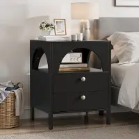 OKWISH Nachtkastje – Modern Design – 45×40×58 Cm – 2 Lades En Open Vak – Opbergruimte Naast Bed Of Bank – MDF Zwart