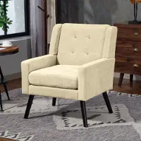 OKWISH Fauteuil Compact – Ergonomisch Met Dikke Zitkussen & Knopstiksels – Voor Woonkamer Slaapkamer Of Kantoor – Linnen – Beige