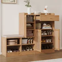 OKWISH Schoenenkast Met Zitbank - 142×35×110 Cm - 3 Gevlochten Rattan Deuren En 1 Lade - Verstelbare Planken - Spaanplaat Natural