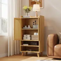 STILVORA Highboard 60x40x121 cm – Opbergkast Met Rotan Deuren – 2 Open Vakken Voor Deco En Servies – Voor Woonkamer Hal Of Keuken – Spaanplaat – Natural