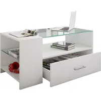 VCM Tindala salontafel met glazen blad, 1 lade, 3 plankenwit.