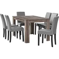 En.casa [] Eettafel van massief eikenhout, antiek design, met 6 stoelen, bekleed met lichtgrijs kunstleer. Afmetingen: 140x90 cm. Eetset voor de eetkamer
