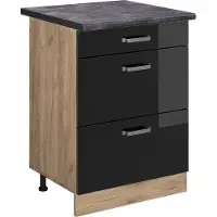 Vicco Keukenonderkast R-Line Zwart hoogglans 60 cm met laden, WB Antraciet, Model 45684