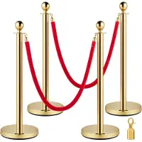 Vevor RVS paal met touwbarrière, kogelkop, 2 rode fluwelen touwen, gouden kolom, 4-pack, dranghekken