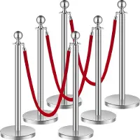OEM VEVOR Afzetpalen (6 stuks) met 3 rode fluwelen touwen (1,5 meter lang), afzetpalen van roestvrij staal met een navulbare basis, geschikt voor beurzen en evenementen