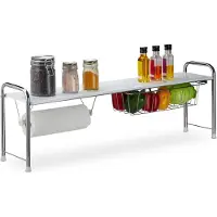 Relaxdays Spoelbakplank met keukenrolhouder, keukenkastje met mand, metaal, hoogte x breedte x diepte: 32 x 94 x 23 cm, wit/zilver
