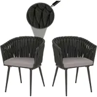 MCW Set van 2 aluminium eetkamerstoelen -N38, armleuning binnenstoel, Olefin rope weave Touw ~ antraciet kussen lichtgrijs