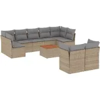 vidaXL 10-delige tuinmeubelset met kussens, beige, polyrotan