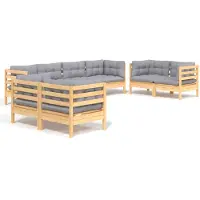 vidaXL 8-delige loungeset voor de tuin met grijze kussens, gemaakt van massief grenenhout