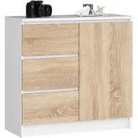 Akord Ladekast JERRY met 3 Lades en 2 Deuren / Furniture Factory / Wit – Sonoma Eik / 80 x 77 x 35 cm