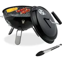 Relaxdays bolvormige grill, draagbaar, Ø 37 cm, picknickgrill voor tuin en park, houtskoolgrill met deksel, ronde grill, zwart