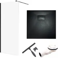 Badland SET Inloopdouche 80x195 + Douchebak 80x80 - Vierkant, gehard nano-glas, zwart, steenlook, SMC, inclusief sifon en badwisser | KETIL VIDAR