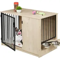 Relaxdays hondenkooi, voor thuisgebruik, afmetingen: 65,5 x 102 x 60 cm, 2 draaibare voerbakken, hondenbox met houtlook, MDF en staal, grijs/zwart