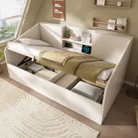 STILVORA Daybed 90x190 cm – Hydraulisch Opbergbed Met Oplaadstation – Hoofdbord Met Planken – Zonder Matras – Houten Design – Wit