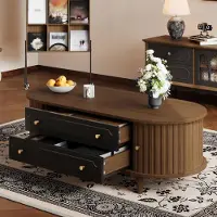 STILVORA Salontafel 100x50x36 cm, salontafel voor de woonkamer, bijzettafel met 2 lades en een schuifdeurtje, salontafel met 4 poten, woonkamertafel, walnootkleur, zwart