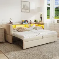 MODFU Dagbed Uitklapbaar 90/180 x 190, Multifunctionele slaapbank, Dagbed met LED-verlichting, Gestoffeerd bed met geïntegreerde opbergruimte, zonder matras, Beige