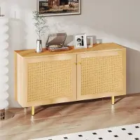 STILVORA Dressoir - Dubbele Deuren Met Rotanfront - Opbergkast Voor Eetkamer En Hal - MDF - Naturel - 120x40x63 Cm