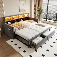 STILVORA Gestoffeerd Bed 90x190 Cm – Uitschuifbaar Naar 180 Cm – Hoofdbord Met Ledlicht En Oplaadpoorten – 2 Lades – Zonder Matras – Fluweel – Grijs