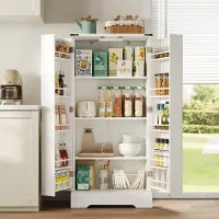 OKWISH Hoge kast, 128,5 cm, Bijzetkast, Landelijke opbergkast, Keukenkast, Verstelbare planken, geschikt voor kleine ruimtes in de eetkamer of woonkamer, Wit
