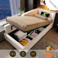 STILVORA Bedframe 140x200 cm – beige linnen – met LED-hoofdbord (muziekmodus), 4 laden en 2 USB