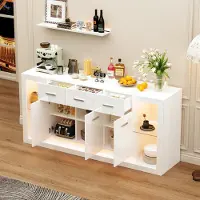 STILVORA Dressoir 160x40x75 cm met 14 opbergvakken en 3 lades, commode met LED-verlichting en glanzende voorzijde, en woonkamerkast voor de woonkamer met een glazen blad, wit