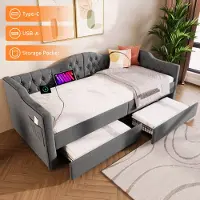 STILVORA Gestoffeerd dagbed/slaapbank 90x200 cm, met opbergruimte en USB-Type-C aansluiting, bedframe voor een jeugdslaapkamer met lattenbodem, fluweel, grijs (zonder matras)