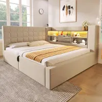 STILVORA Gestoffeerd Tweepersoonsbed 140x190 cm – LED & USB-Laadpoorten – Hydraulische Opbergruimte – Voor Moderne Slaapkamer – Linnen – Beige – Zonder Matras