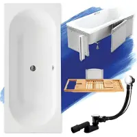 Besco VITAE ligbad 150 x 75 cm wit met styropor ombouw met baddrager met bamboe badplank