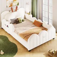 STILVORA Gestoffeerd Bed 90x200 cm – Bed Met Bunny Hoofdkussen – Lage Instap Met Doorlopend Veiligheidsrek – Kinderkamer Logeerkamer – Fluweel Beige – Zonder matras