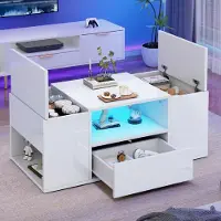 STILVORA Salontafel - Hoogglans Met Ledverlichting En Lade - Met 2 Klepcompartimenten Voor Woonkamer - Spaanplaat - 100x50x40 Cm - Wit