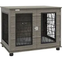 PawHut Hundebox für Zuhause, Hundehaus mit Kissen, Verschließbare Vordertür, Indoor Hundehütte mit Drahtgeflecht-Belüftung für mittelgroße Hunde bis 20 kg, Grau, 80 x 56 x 63 cm
